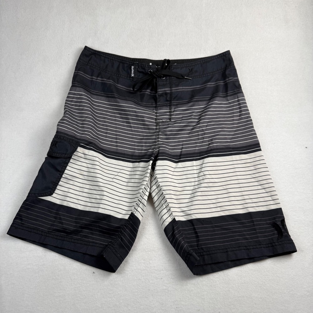 Hurley Mens Striped Board Shorts Black Grey White Size 33 B5253-00 MBS0002980